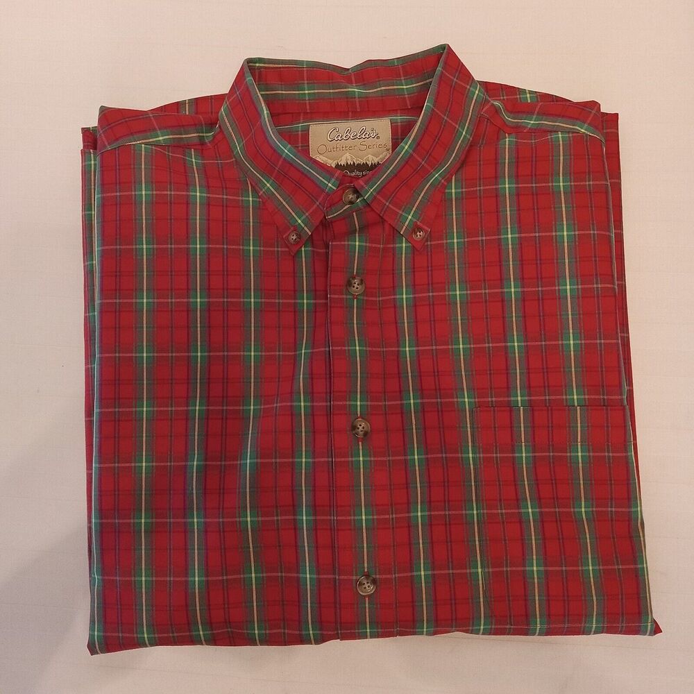 Men’s Cabela's XL Shirt Long Sleeve Button Down Plaid  Green Red Heavy Duty